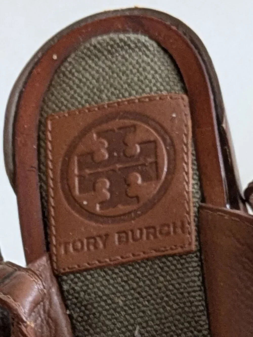 TORY BURCH Sandals / Brown leather with olive green fabric / 8M